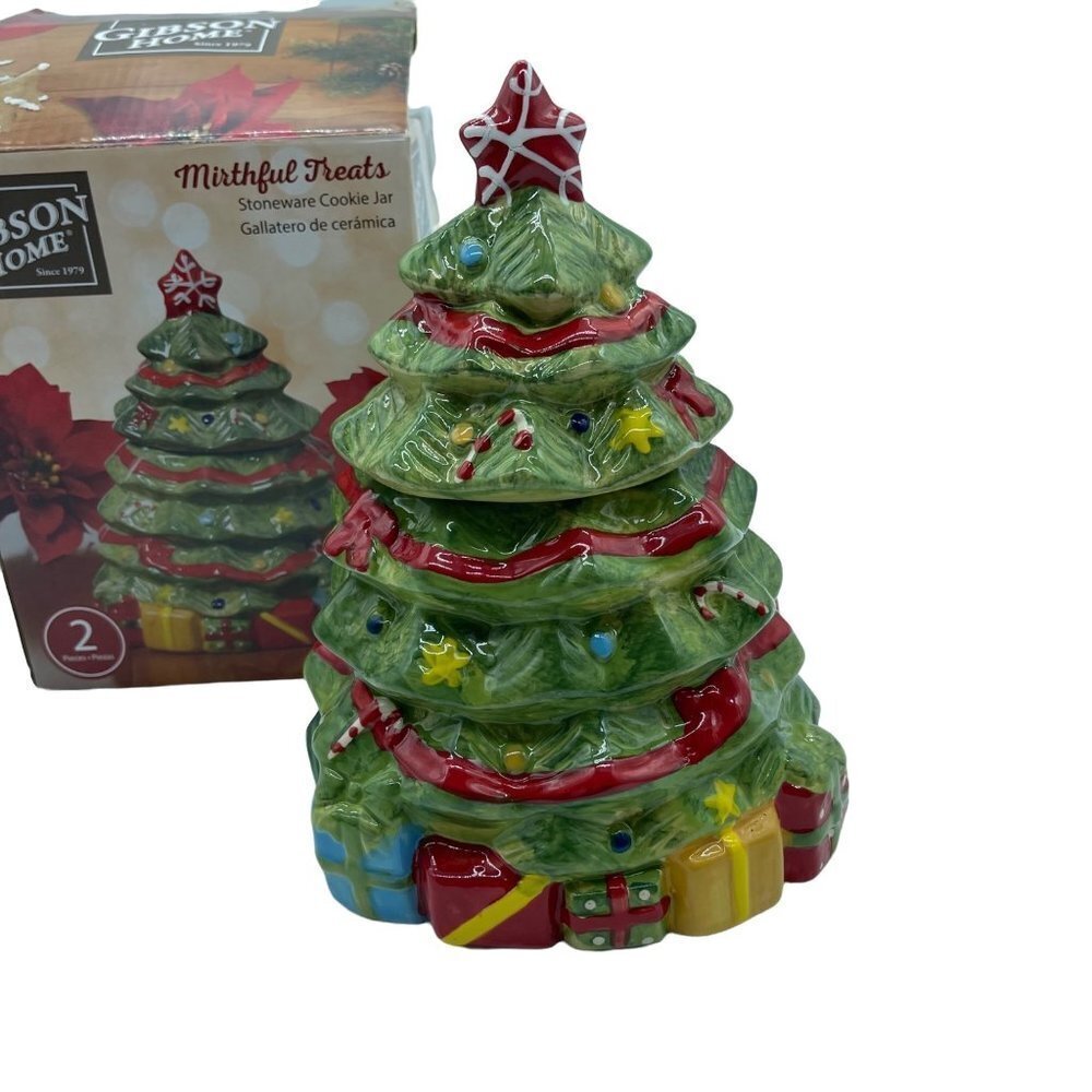 Gibson Home Cookie Jar Green Red Christmas Tree Stoneware Mirthful Treats